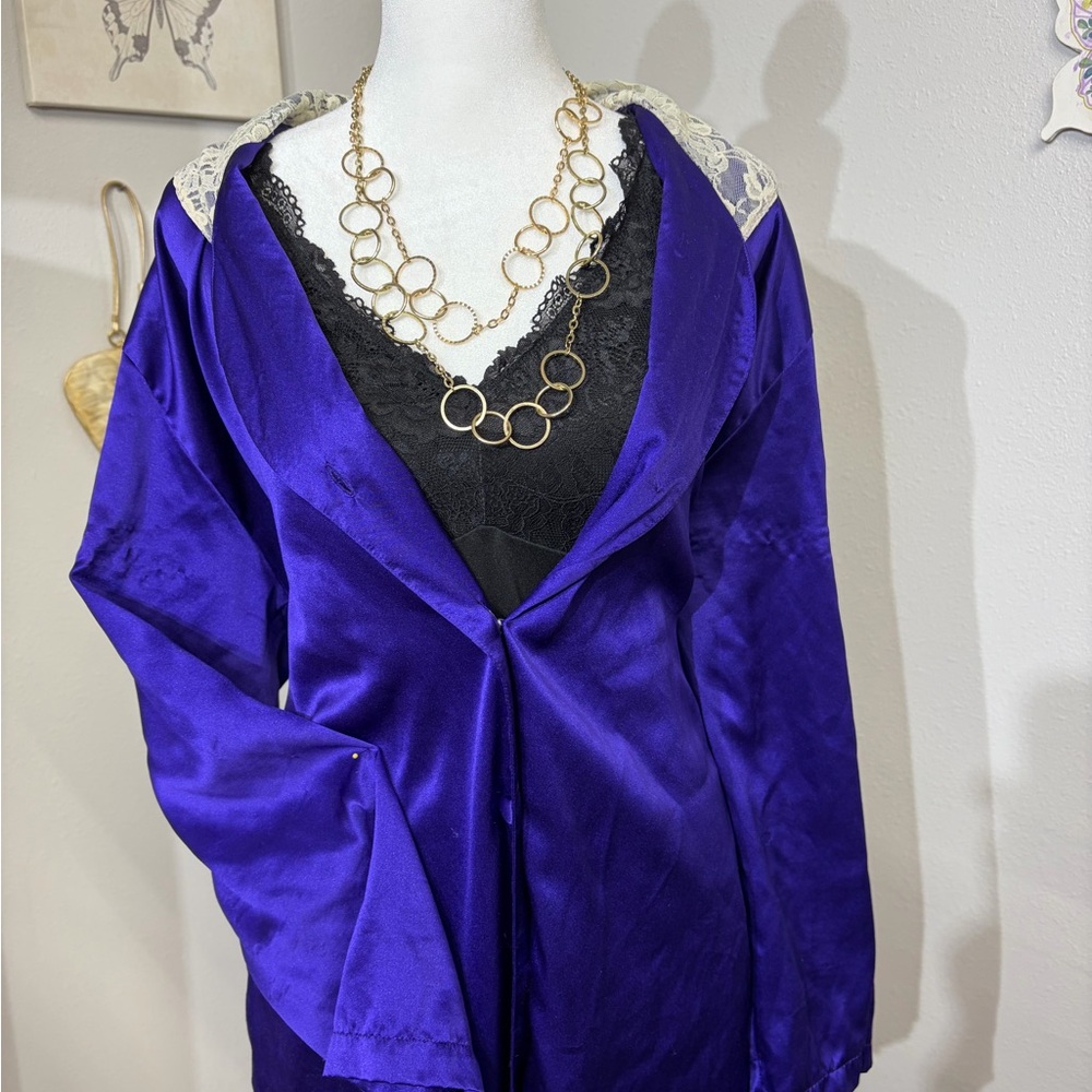 Vintage Victorious Secret Gold Label Purple Satin Robe with Lace Trim